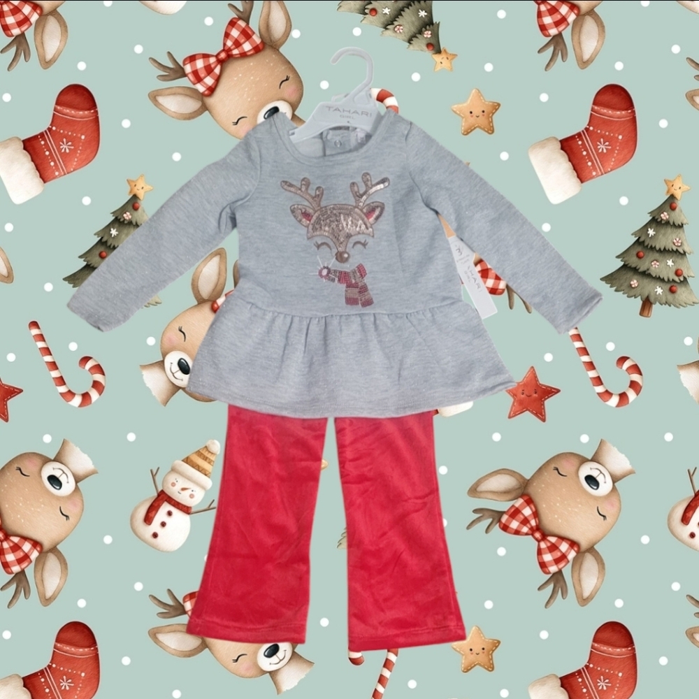 Tahari Girl's Gray Reindeer Top and Red Pants Set
